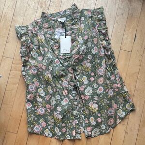 Elan Floral Blouse with Ruffle Sleeves - Green and Pink